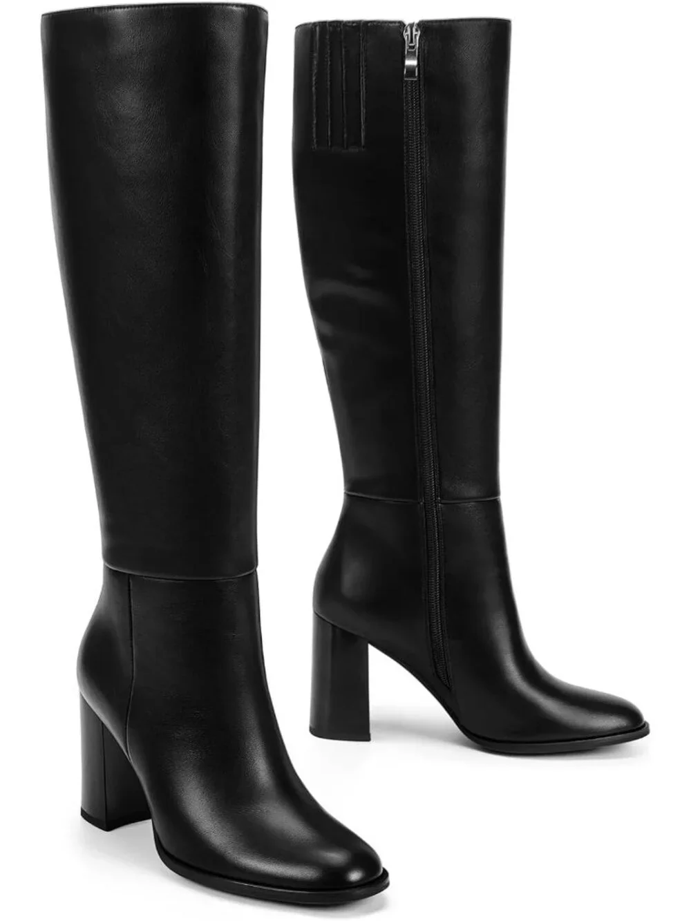 Women Black Knee High Side Zip Fashionable Round Toe Gogo Chunky Heel Boots